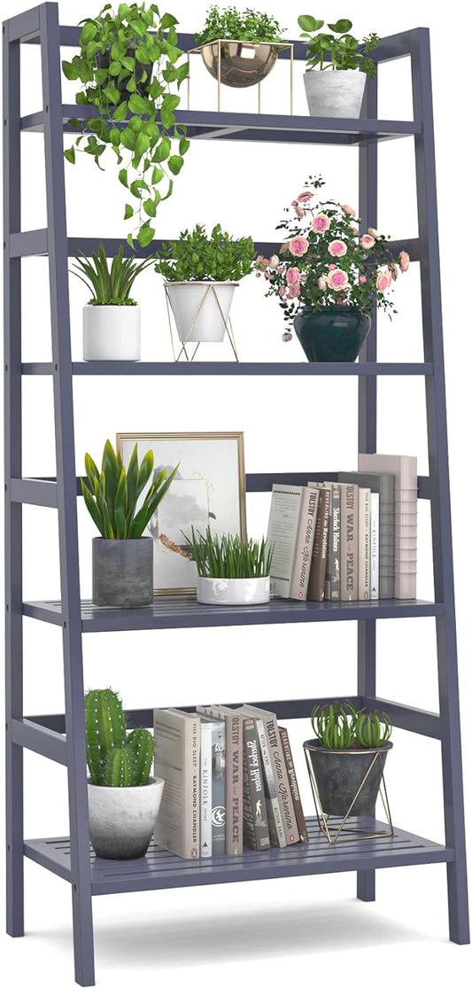 Homykic Bamboo Ladder Shelf 4-Tier Bookshelf, 49.2” Freestanding Open Bookcase Book Shelf Bathroom Storage Shelf Unit Plant Stand for Living Room, Bedroom, Small Space, Home Office, Blue Grey - LeafyLoom