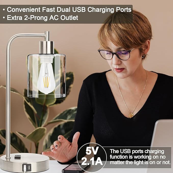 Industrial Touch Control Table Lamps Set of 2 - Brushed Nickel Nightstand Bedside Lamps with 2 USB Ports & AC Outlet, 3-Way Dimmable Desk Lamp for Bedroom Living Room, Glass Shade & LED Bulbs Included - LeafyLoom