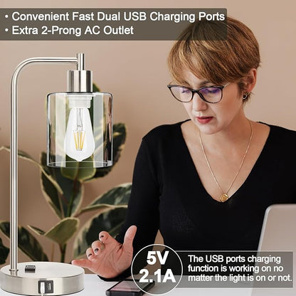 Industrial Touch Control Table Lamps Set of 2 - Brushed Nickel Nightstand Bedside Lamps with 2 USB Ports & AC Outlet, 3-Way Dimmable Desk Lamp for Bedroom Living Room, Glass Shade & LED Bulbs Included - LeafyLoom