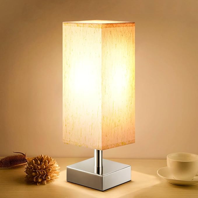 Beige Small Bedroom Lamp for Nightstand - Bedside Table Lamps with Sliver Base, Minimalist Night Stand Lamp with Square Fabric Shade, Desk Reading Lamp for Kids Room Living Room Office - LeafyLoom