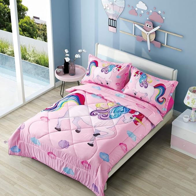 Wowelife Unicorn Bedding Set Twin for Girls Comforter Set Twin 5 Pieces Pink Bedding Set for Girls Rainbow Cloud Unicorn Bed Set Twin Kids Bed in a Bag with Sheets, Super Breathable Soft - LeafyLoom