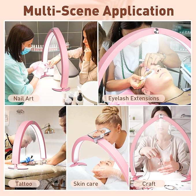 HITTI Half Moon Light for Nail Desk with Phone Holder, Foldable Nail Tech Light, Lash Table Lamp with Wire Controller & Remote, 7 Color Modes 10 Brightness for Extension Tattoo Craft Beauty - Pink - LeafyLoom