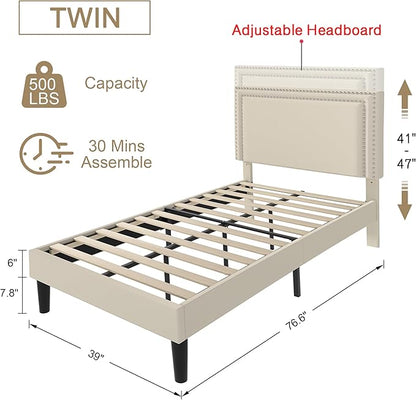 VECELO Twin Size Platform Bed Frame with Height Adjustable Upholstered Headboard, Modern Mattress Foundation,Strong Wood Slat Support, No Box Spring Needed, Easy Assembly - LeafyLoom