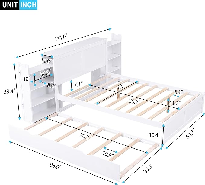 Storage Platform Bed Frame Queen with Pull Out Shelves and Twin XL Size Trundle, Wooden Platform Bed with Storage Headboard for Bedroom, No Box Spring Needed, Easy Assembly, White - LeafyLoom