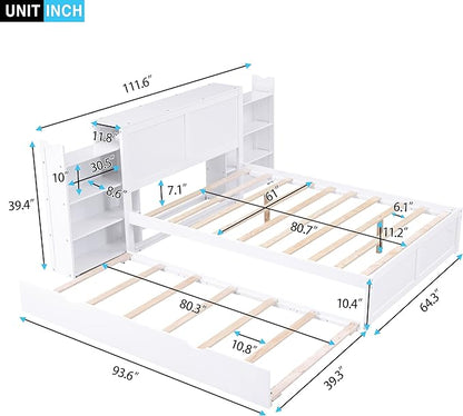 Storage Platform Bed Frame Queen with Pull Out Shelves and Twin XL Size Trundle, Wooden Platform Bed with Storage Headboard for Bedroom, No Box Spring Needed, Easy Assembly, White - LeafyLoom