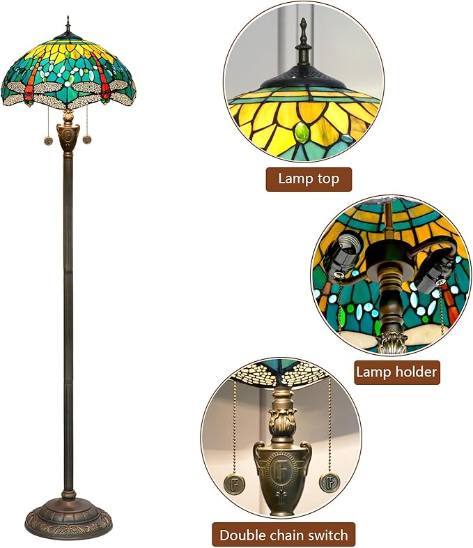 Tiffany floor lamp stained glass lamps for living room bedroom office rustic corner standing tall vintage light kids unique Pulling chain Green Dragonfly style lighting - LeafyLoom