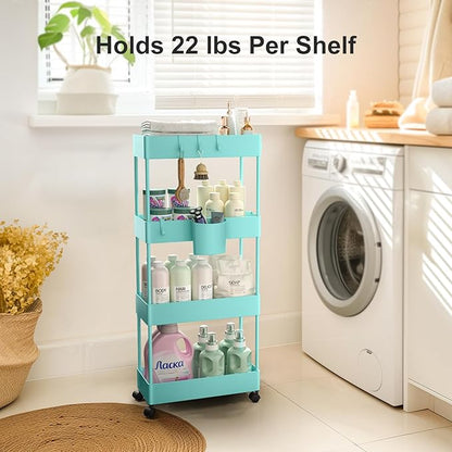 Pipishell Slim Storage Cart with Wheels, 4 Tier Bathroom Storage Organizer Rolling Utility Cart for Bathroom Kitchen Laundry Room Office Narrow Place (Turquoise) - LeafyLoom