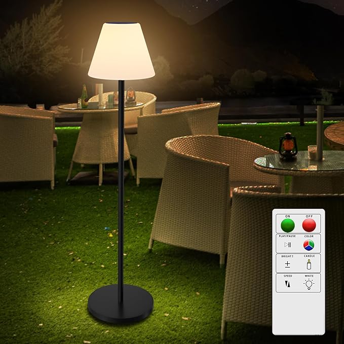 Solar Floor Lamp for Patio Waterproof, Outdoor Floor Lamp with Light Sensor, USB Rechargeable Cordless Floor Lamp with Remote, Dimmable Warm White and Height Adjustable for Lawn Yard Pool Garden - LeafyLoom