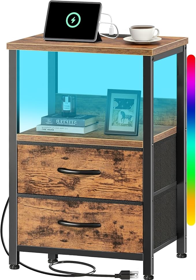 Nightstand with Charging Station, Bedside Table with LED Lights, Side Table with Fabric Drawers and Storage Shelf, Night Station with USB Ports & Outlets, Small End Table for Bedroom, Rustic Brown - LeafyLoom