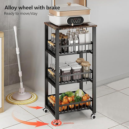 Kitchen Storage Cart Slim Rolling Cart On Wheels,5-Tier Skinny Kitchen Island Utility Organizer Storage Cart with Pull-Out Baskets and Wood Top,Mesh Fruit Basket Cart with Handle - LeafyLoom