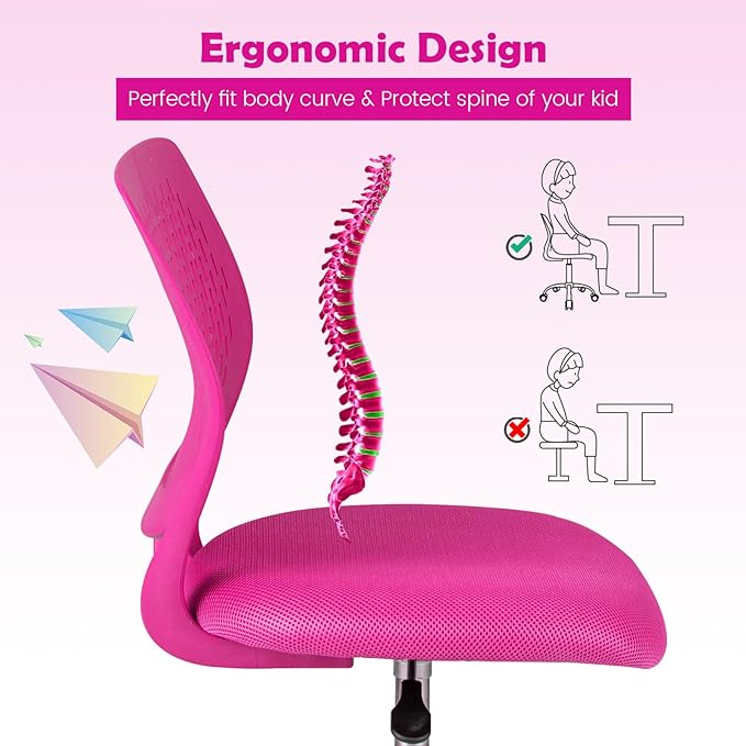 Kids Desk Chair, Blue Ergonomic Kids Office Chair Ages8-12 w/Lumbar Support, Low-Back Teen Desk Chair for Girls Boys, Small Cute Kids Computer Chair for Bedroom/Study/Vanity Desk (Rose Red) - LeafyLoom