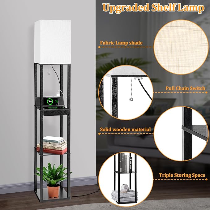 Dott Arts 【Upgraded】 Floor Lamp with Shelves,Shelf Floor Lamps for Living Room with Wireless Charger - LeafyLoom