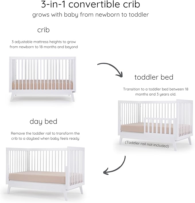 dadada Baby Soho 3-in-1 Convertible Crib to Toddler Bed – Wooden Crib Made in Italy, GREENGUARD Gold Certified Small Baby Crib – Baby-Safe Finish, Modern Design (White) - LeafyLoom