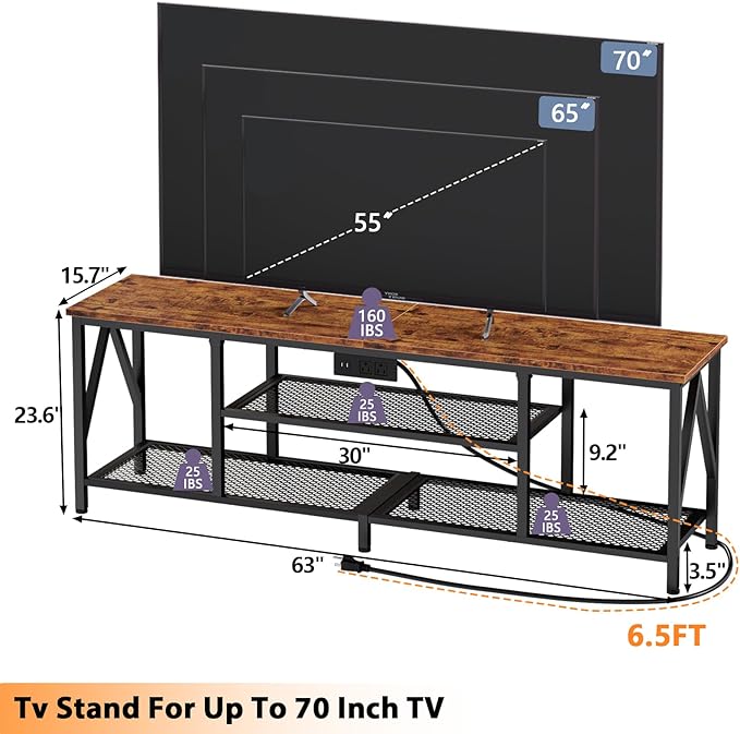 Furologee TV Stand with Power Outlets for 65 70 inch TV, Entertainment Center with Open Storage Shelves, Long 63'' TV Media Console Table with Soundbar Shelf for Living Room, Bedroom, Rustic Brown - LeafyLoom