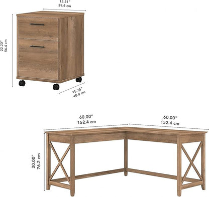 Bush Furniture Key West 60W L Shaped Desk with 2 Drawer Mobile File Cabinet in Reclaimed Pine - LeafyLoom