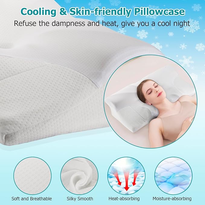 Cervical Neck Pillow for Pain Relief, Contour Memory Foam Pillows for Sleeping, Ergonomic Orthopedic Bed Pillow, Neck Support Pillows for Side Back Stomach Sleepers with Cooling Pillowcase - LeafyLoom