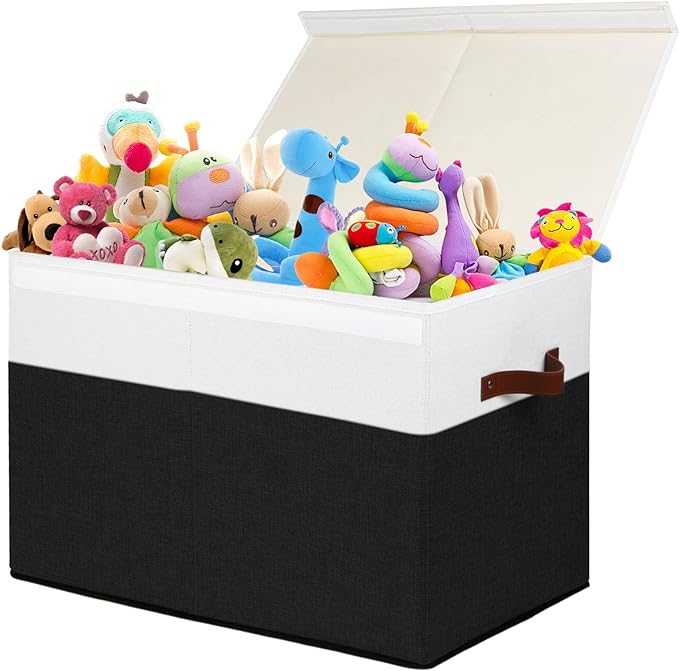 Large Toy Storage Box with Lid, Sturdy Toys Storage Chest Bin Organizer Basket with Dividers for Kids, Boys, Girls, Nursery, Closet, Bedroom, Playroom 25"x13" x16" (Black and White) - LeafyLoom