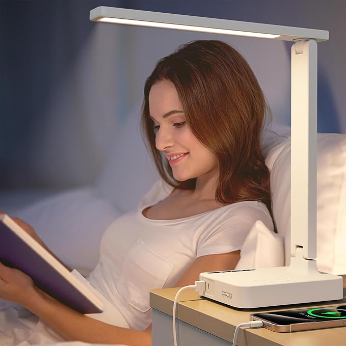 cozoo LED Desk Lamp with USB Charging Ports and Type C Port,2 AC Outlets,9 Lighting Modes,Touch/Memory/Timer Function,10W Eye Protection Foldable Reading Light,Study Lamp,Dorm Essentials Desk Light - LeafyLoom