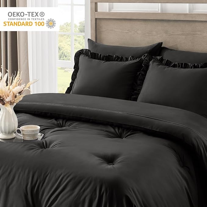 King Size Bed in a Bag 7 Pieces King Size Comforter Set, Ruffle Shabby Chic Bedding Comforter Set Black Bed Set with Comforter, Pillowcases, Flat Sheet, Fitted Sheet and Pillow Shams - LeafyLoom