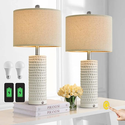 PORTRES 24" Farmhouse 3-Way Dimmable Touch Ceramic Table Lamp Set of 2 for Bedroom White Bedside Lamps with USB A+C Charging Ports for Living room Nightstand Lamp End Table lamps - LeafyLoom