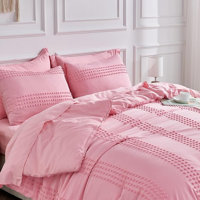 ENJOHOS King Size Comforter Set with Sheets 7 Pieces - Pink King Comforter Set, King Bed in a Bag Set, Boho Tufted Bedding Set with Pom Pom Design, Lightweight Soft Microfiber Comforter Bed Set - LeafyLoom