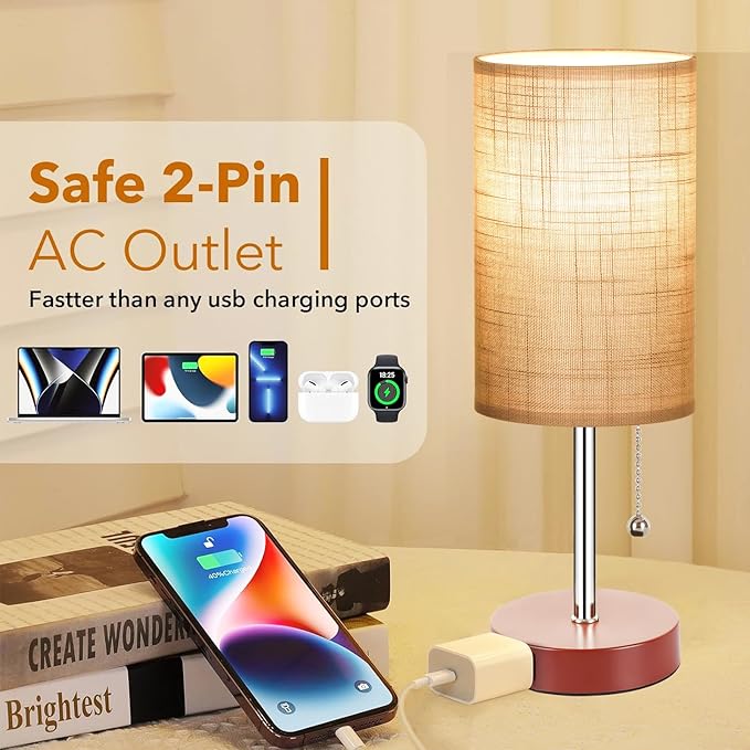 Bedside Lamp Set of 2 Table Lamps for Bedroom, 2700K/4000K/5000K Nightstand Lamp with Pull Chain and AC Outlet, Brown Table Lamp for Living Room Reading Kids Room(6W LED Bulbs Included). - LeafyLoom