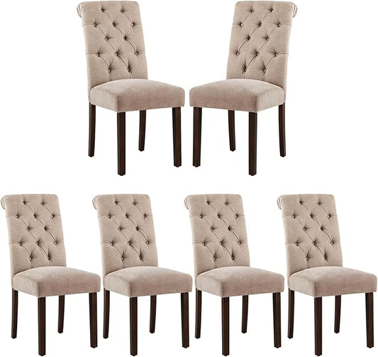 COLAMY Button Tufted Dining Chairs Set of 6, Parsons Upholstered Fabric Dining Room Chairs Kitchen Chairs with Wood Legs and Padded Seat, Taupe - LeafyLoom