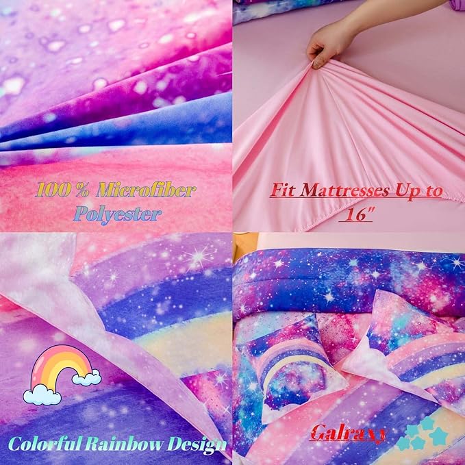 6Pcs Teen Pink Bedding Set Full for Girls, 3D Tie Dye Comforter Pink Colorful Rainbow Kids Comforter Set, Ultra Soft Pastle Nebula Printed Bed in A Bag with Sheets - LeafyLoom