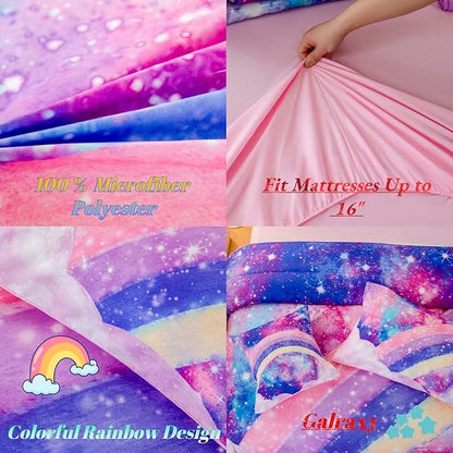 6Pcs Teen Pink Bedding Set Full for Girls, 3D Tie Dye Comforter Pink Colorful Rainbow Kids Comforter Set, Ultra Soft Pastle Nebula Printed Bed in A Bag with Sheets - LeafyLoom