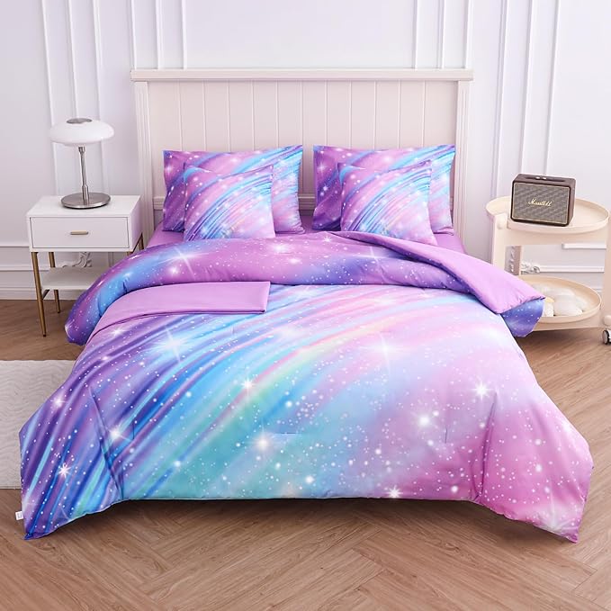 Full Size Bedding Sets Kids Bedding Sets for Girls,Galaxy Bedding 7pieces Glitter Pink Comforter Colorful Comforter Full Size Comforter Sets for Teen Girls(Twill Rainbow) - LeafyLoom