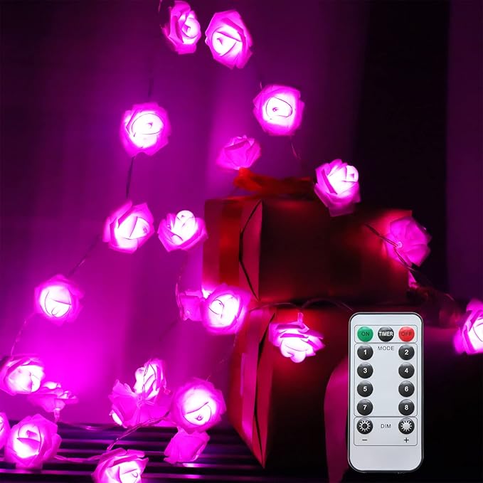 30 LED Pink Lights Valentines Day Decorations, Valentines Day Gifts 10.3Ft 8 Modes Rose Lights String Battery Operated with Remote Flower Lights for Bedroom Wedding Party Mothers Day Christmas Decor - LeafyLoom