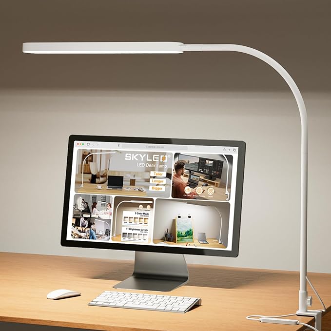 SKYLEO Desk Lamp - 33.5" Desk Light - Flexible Gooseneck - 5 Color Modes X 11 Brightness Levels - 1300LM - Timmer & Memory Function - 12W Clip on Light - White - LeafyLoom