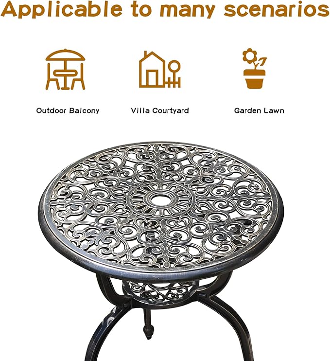 Patio Bistro Set.Rust-Resistant Cast Aluminum Bistro Table Set with Umbrella Hole for Backyard (Crown Copper) - LeafyLoom