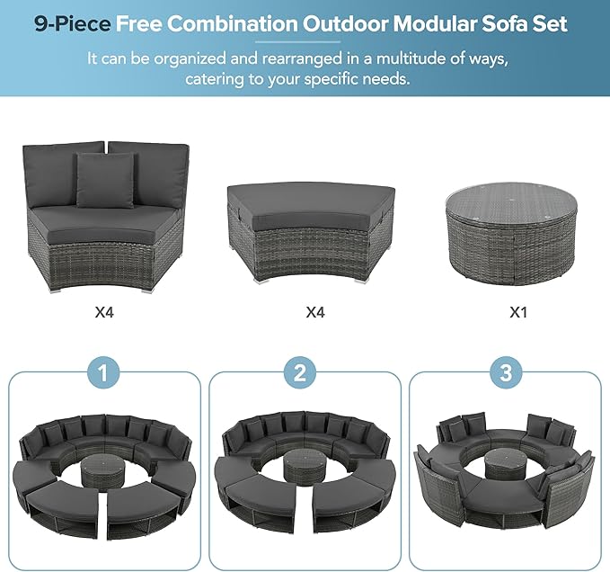 9-Pieces Outdoor Patio Furniture Set, Rattan Wicker Circular Sectional Sofa with Storage, Tempered Glass Table and 6 Pillows, Garden Lawn Half Moon Conversation Couch, Grey - LeafyLoom