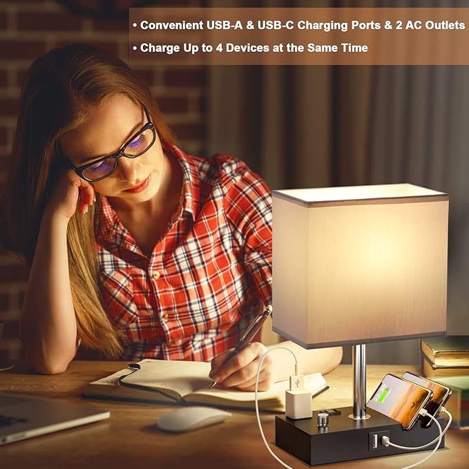 Kakanuo Table Lamp for Bedroom with Dual USB Ports, Grey Fully Dimmable Bedside Lamp with Phone Stands and 2 Charging Outlets, Desk Lamp for Nightstand and Living Room, LED Bulb Included - LeafyLoom