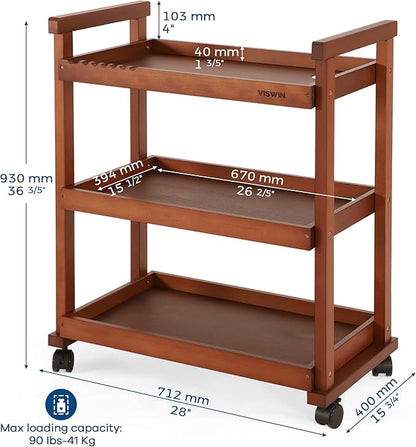 VISWIN 37" H Art Cart Storage Organizer 3-Tier, Solid Beech Wood Rolling Utility Cart with Caster Wheels, Multifunctional Art Supplies Craft Cart Organizer, Trolley for Studio, Classroom, Kitchen - LeafyLoom