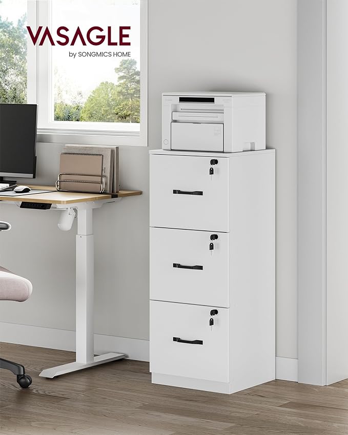 VASAGLE 3-Drawer Vertical File Cabinet, Filing Cabinet for Home Office, Printer Stand, with 3 Lockable Drawers, Adjustable Hanging Rail, for A4 and Letter-Size Files, Cloud White UOFC055W14 - LeafyLoom