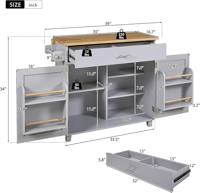 RITSU 39" Rolling Kitchen Island Cart, Indoor Bar Storage Cabinet Organizer with Divider Internal Cabinet Rack, Portable Movable Table w/Adjustable Shelf Towel Rack, for Dining Room, Grey - LeafyLoom