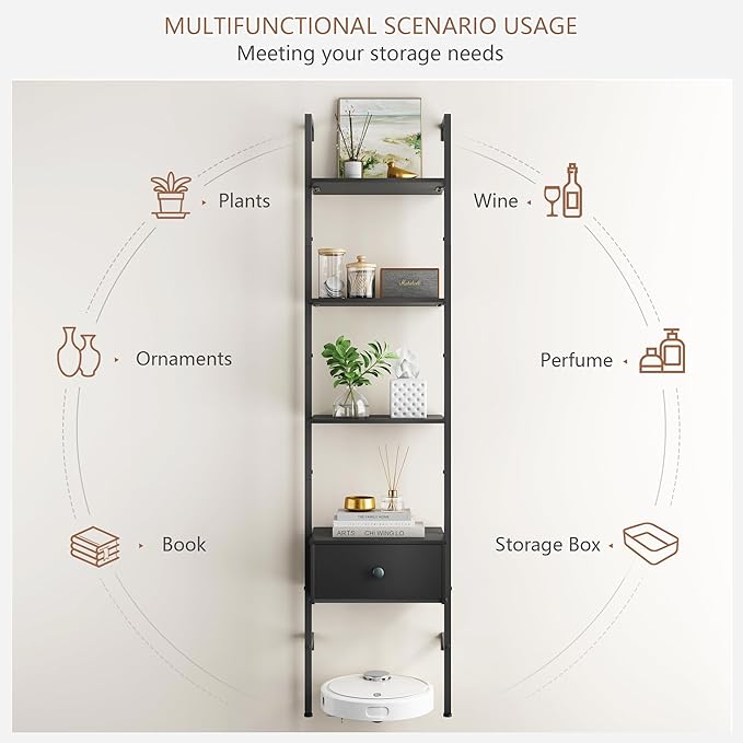 Tajsoon Ladder Shelf, Tall Bookcase with Storage Drawers, 4-Tier Wood Wall Mounted Bookshelf, Open Display Rack, Storage Shelves for Bedroom, Home Office, Collection, Plant Flower, Black - LeafyLoom