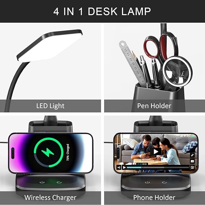 Desk Lamp with Wireless Charger, LED Desk Lamps for Home Office, 800 Lumens, Small Desk Lamp with Pen Holder, Flexible Arm, 3 Modes, Dimming, Touch Lamp for College Dorm Room - LeafyLoom