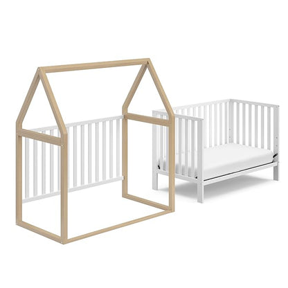 Storkcraft Orchard 5-in-1 Convertible Crib (White with Driftwood) – GREENGUARD Gold Certified, Canopy Style Baby Crib, Converts from Crib to Toddler Bed, Daybed and Full-Size Bed - LeafyLoom