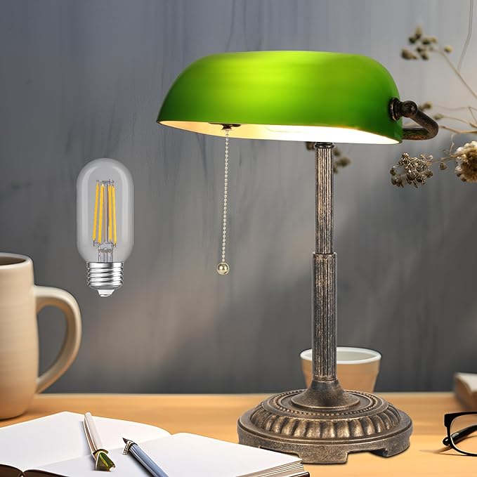 Bankers Lamp, Green Desk Lamp with Pull Switch, Vintage Table Lamps for Home Office, Library, Piano LED Bulb Included (Green) - LeafyLoom