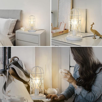 Bedside Touch Lamp, Small Table Lamp for Bedroom Living Room, 3 Way Dimmable Modern Nightstand Lamp, Simple Desk Lamp with White Metal Cage Shade, 2700K LED Bulb Included - LeafyLoom