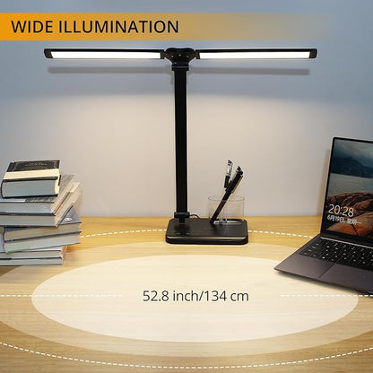 Qooltek Touch Control LED Desk Lamp, Table Lamp with 5 Color Modes Dimmable Brightness for Home Office, Dual Swing Arm USB Charging Port Desk Light, Eye-Caring Reading Light with Pen Holder, Black - LeafyLoom