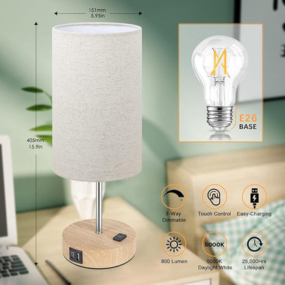 Bedside Table Lamps with 2 USB Charging Ports & AC Outlet, Set of 2 Touch Control Wooden Base Nightstand 3-Way Dimmable Lamps with Beige Fabric Shade for Bedroom, Living Room, A19 E26 Bulbs included - LeafyLoom