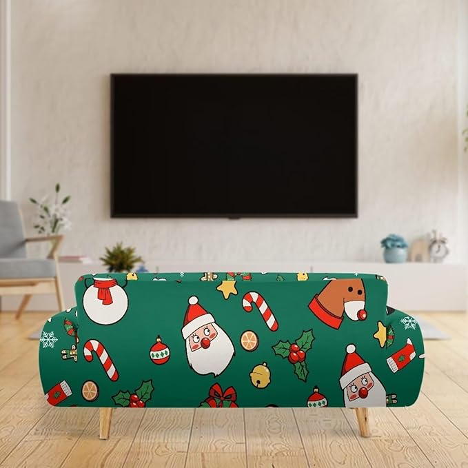 FKELYI Christmas Decorations Green Sofa Slipcover Santa Claus Stretch Sofa Couch Cover for Indoor Washable Furniture Protector with Elastic Bottom XL FKELYI