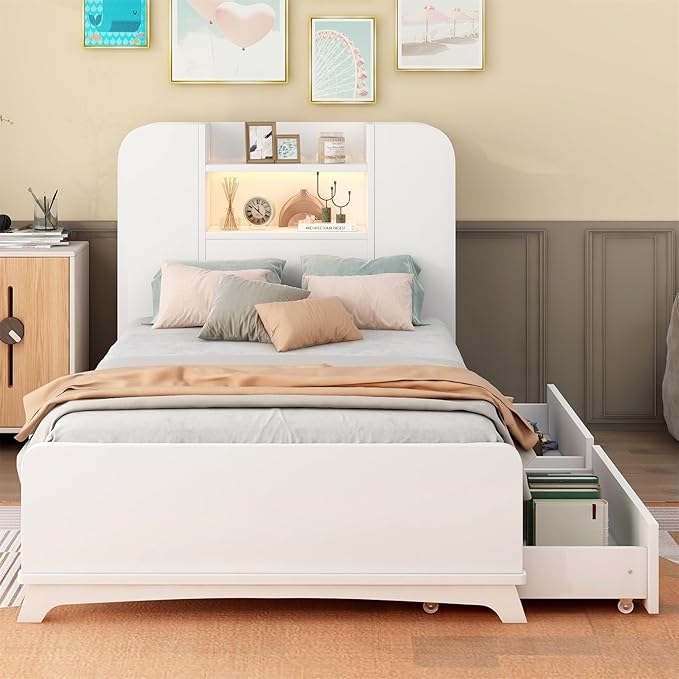 Merax Twin Bed Frame with Shelves and Storage Drawers Underneath,White Twin Size Platform Bed with Headboard and Light - LeafyLoom