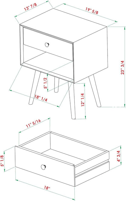 Walker Edison Mid Century Modern Wood Nightstand Side Table Bedroom Storage Drawer and Shelf Bedside End Table, 1 Drawer, Walnut - LeafyLoom