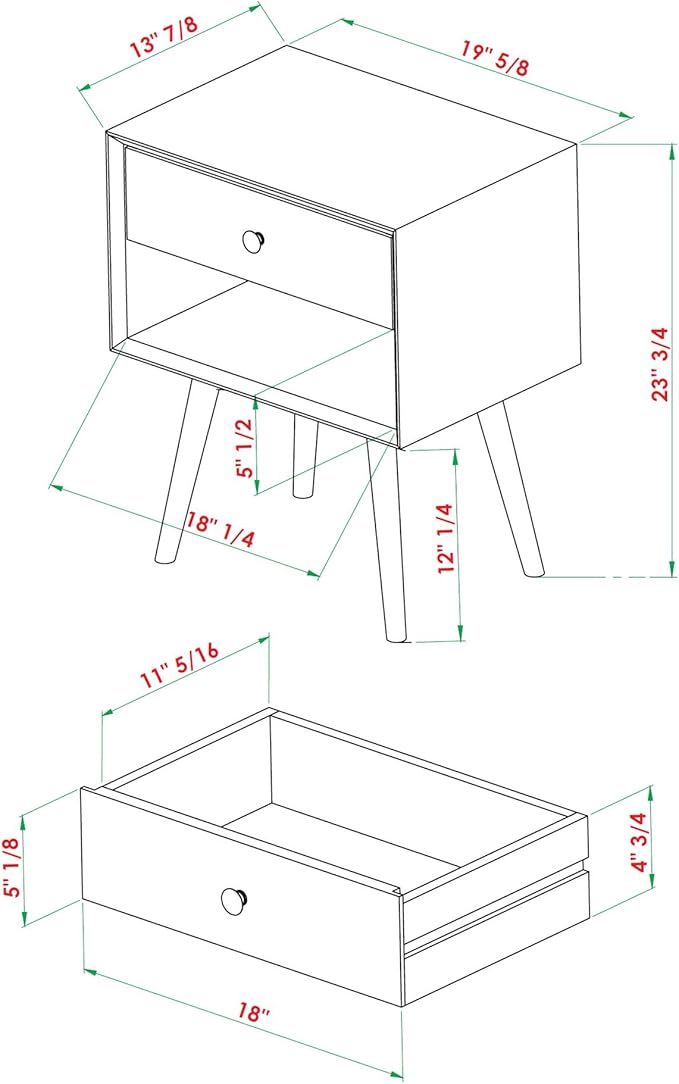 Walker Edison Mid Century Modern Wood Nightstand Side Table Bedroom Storage Drawer and Shelf Bedside End Table, 1 Drawer, Caramel - LeafyLoom