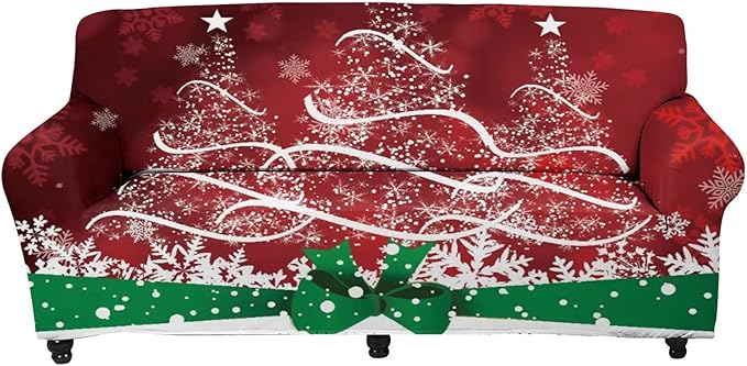 FKELYI Xmas Tree Snowflake Pattern Christmas Decor Stretch Sofa Slipcover Soft Comfort Cushion Cover Washable Furniture Protector-L FKELYI